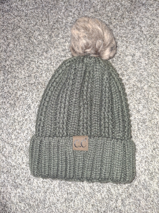 C.C Accessories - C.C Olive Ribbed Beanie with Tan Faux Fur Pom for Women